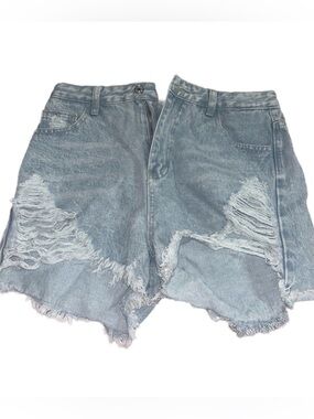 High-Rise Distressed Denim Shorts - Light Wash Blue